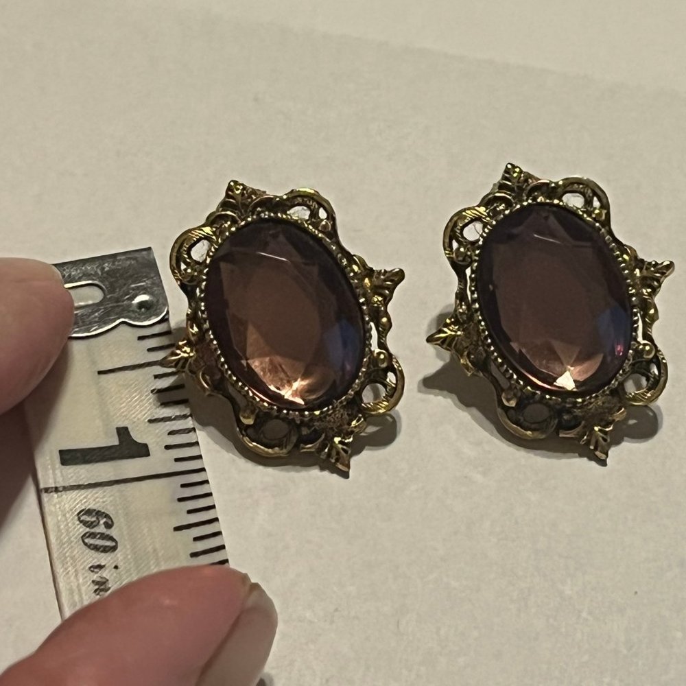 Beautiful  Victorian Purple Rhinestone Gold Tone Pierced Earrings